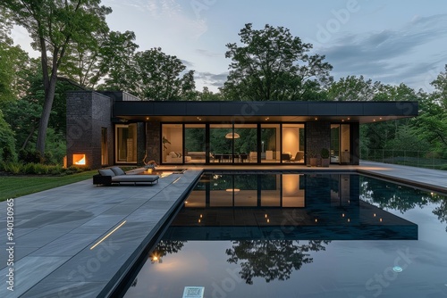 Modern pool house with minimalist design, surrounded by grass and trees in the New Jersey hills. Sleek architecture and simple colors in outdoor living area.