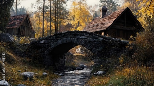 Stone Bridge Over a Creek in a Forest with Autumnal Colors and Rustic Buildings