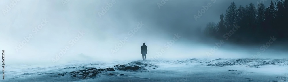 Obraz premium A solitary figure stands amidst a foggy landscape, evoking feelings of mystery and tranquility in a serene, cold environment.