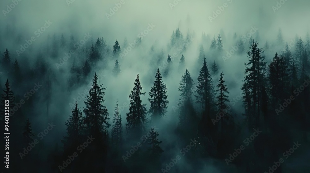 A moody landscape of tall evergreen trees shrouded in mist, evoking a sense of mystery and tranquility in nature.