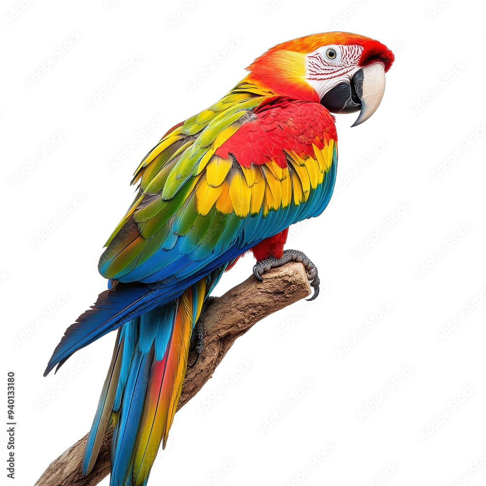 Scarlet Macaw Parrot on Branch Isolated on White Background, transparent background, PNG file Scarlet Macaw Parrot on Branch Isolated on White Background, transparent background, PNG file