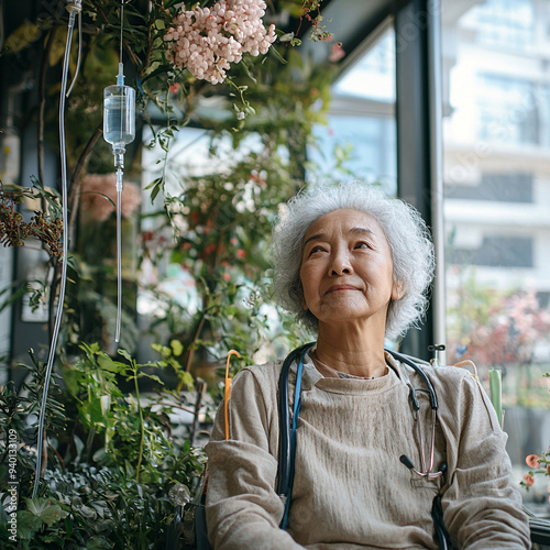 A woman in a white shirt sits in a chair in front of a plant