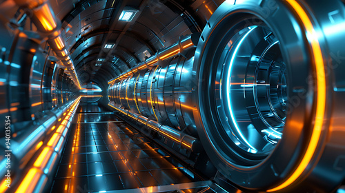 Futuristic depiction of a particle accelerator studying the interactions of Higgs bosons and quarks