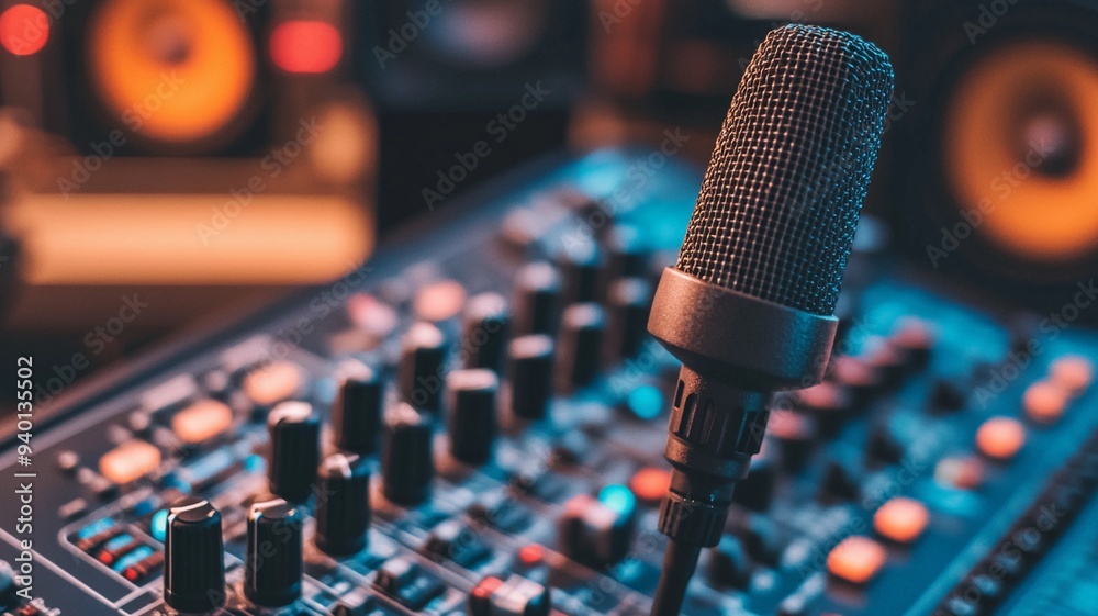 Detailed close-up of a microphone and sound board in a radio studio, capturing the professional audio equipment used for broadcasting. Detailed close-up of a microphone and sound board in a radio studio, capturing the professional audio equipment used for broadcasting.