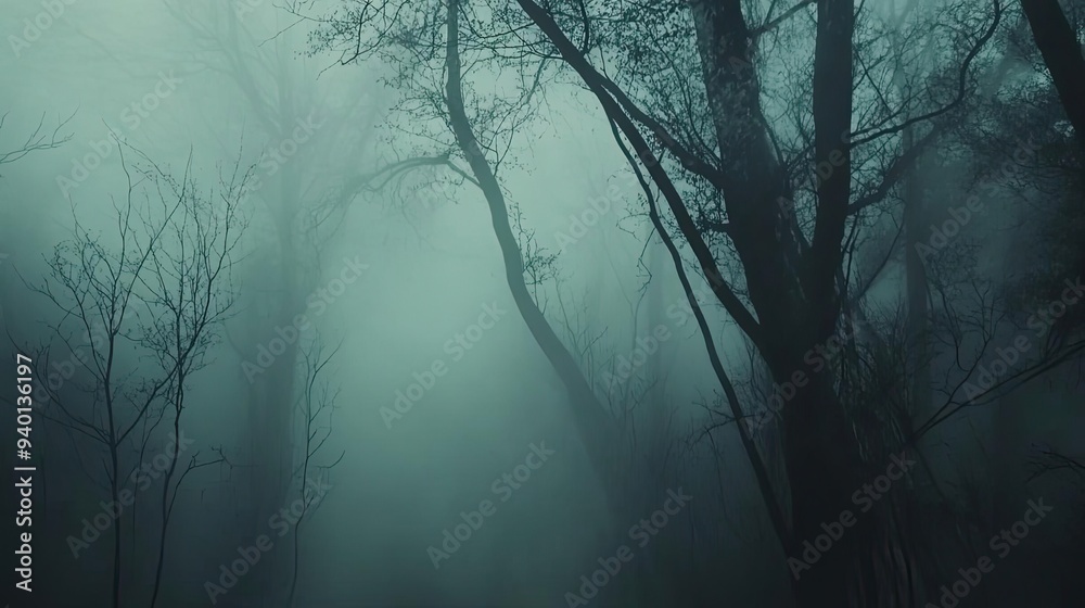 Obraz premium A mysterious fog envelops the dark forest, creating an enchanting and eerie atmosphere in the heart of nature.