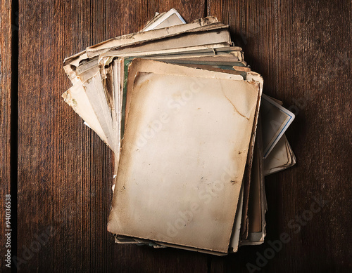 A stack of vintage blank photographs rests on a rustic wooden table, highlighting the weathered edges and unique textures of the aged paper. Each piece offers a glimpse into a timeless era.