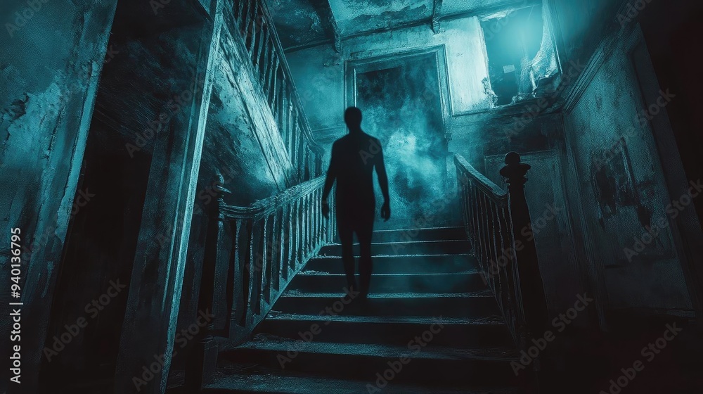 An eerie silhouette ascends an abandoned staircase, enveloped in haunting blue mist, evoking suspense and mystery. An eerie silhouette ascends an abandoned staircase, enveloped in haunting blue mist, evoking suspense and mystery.
