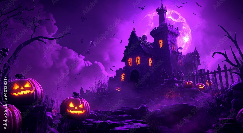 Illustration of a spooky graveyard scene at night with a full moon background, featuring flaming pumpkins, barren trees and flying bats, perfect for a Halloween theme. Illustration of a spooky graveyard scene at night with a full moon background, featuring flaming pumpkins, barren trees and flying bats, perfect for a Halloween theme.