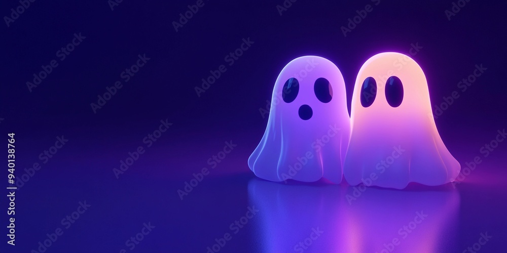 Minimalistic 3D render of a cute ghost couple floating on a dark purple background, featuring neon colors. Halloween concept with space for text. Minimalistic 3D render of a cute ghost couple floating on a dark purple background, featuring neon colors. Halloween concept with space for text.