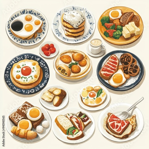 Obraz na płótnie Cultural Delights at Dawn: Vibrant Illustrations of International Breakfasts from Around the World w salonie