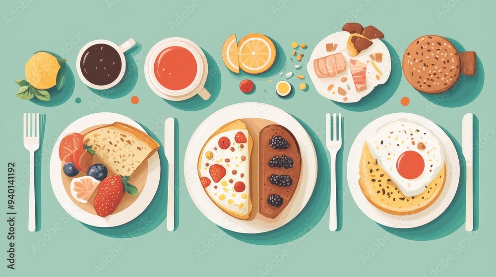 Global Breakfast Diversity - Flat Design Illustration Showcasing International Morning Foods and Culinary Traditions Global Breakfast Diversity - Flat Design Illustration Showcasing International Morning Foods and Culinary Traditions