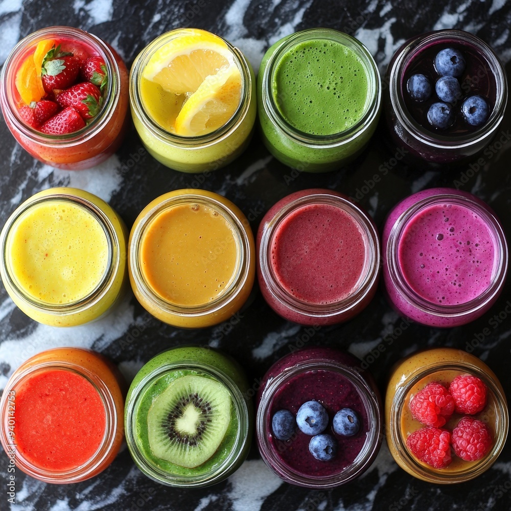 Colorful Healthy Smoothies in Vibrant Jars with Fresh Ingredients Colorful Healthy Smoothies in Vibrant Jars with Fresh Ingredients