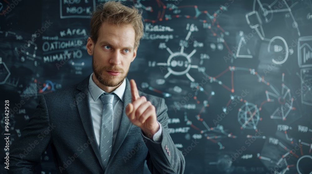 Businessman presenting idea on whiteboard Businessman presenting idea on whiteboard