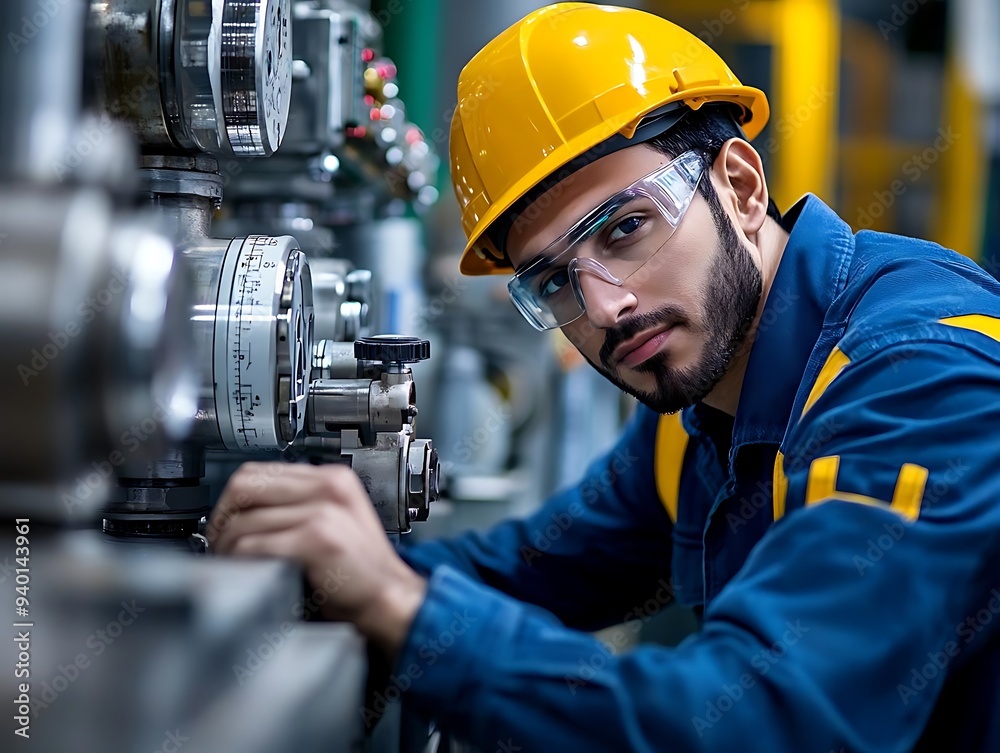 Industrial Worker in Yellow Hard Hat and Blue Coveralls Inspecting Equipment - Photo Industrial Worker in Yellow Hard Hat and Blue Coveralls Inspecting Equipment - Photo