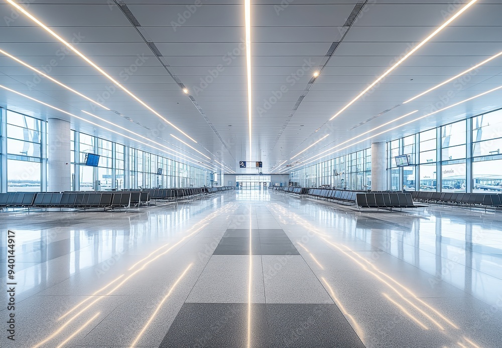 Airport Interior with Bright Lights and Rows of Seats Airport Interior with Bright Lights and Rows of Seats