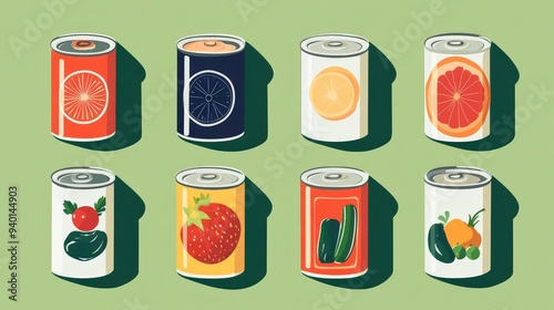 Retro-Style Canned Goods Illustration with Fruits, Vegetables, and Soups in Flat Design - Vintage Cans of Colorful Produce and Soups