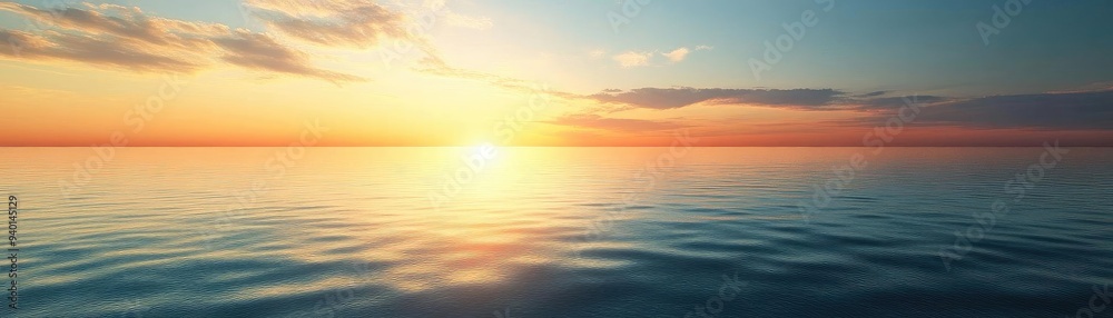 Obraz premium A tranquil sunset over a calm ocean, with warm colors reflecting on the water, creating a serene and peaceful atmosphere.