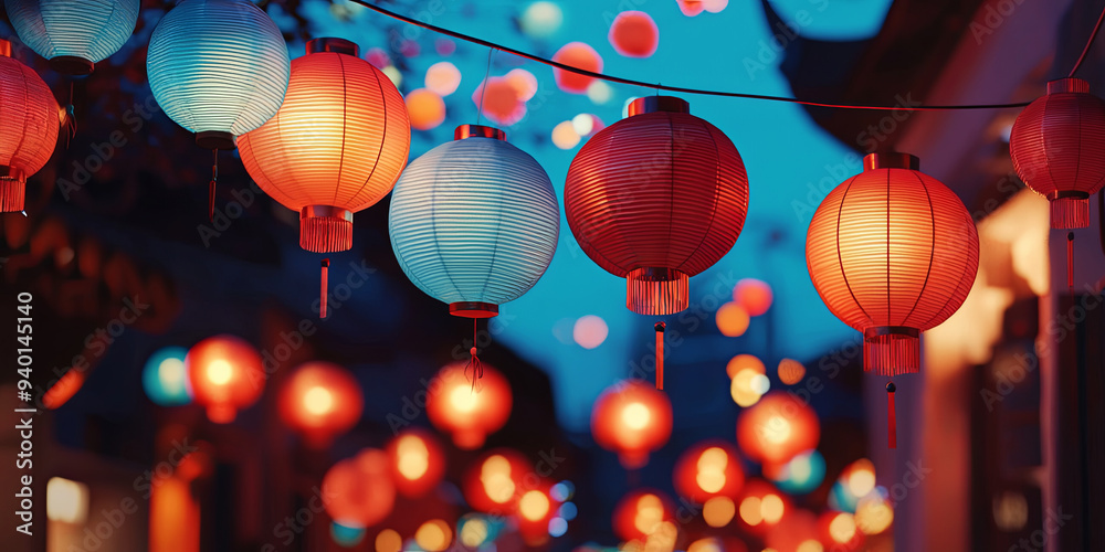 Colorful lanterns hanging in the air, generative AI Colorful lanterns hanging in the air, generative AI