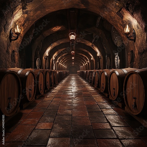 A long tunnel with wooden wine barrels on the sides photo