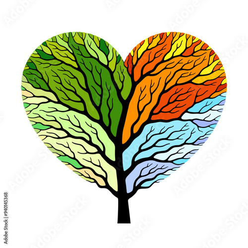 Colorful tree shaped like heart symbol in seasonal specific colors