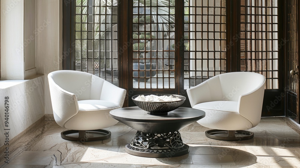 Serene Living Room Setting with White Armchairs and Zen Decor Serene Living Room Setting with White Armchairs and Zen Decor