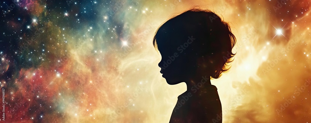 A silhouette of a child against a vibrant cosmic backdrop, representing wonder, imagination, and the vast universe. A silhouette of a child against a vibrant cosmic backdrop, representing wonder, imagination, and the vast universe.