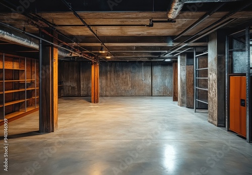 Empty Industrial Basement with Concrete Walls and Shelving