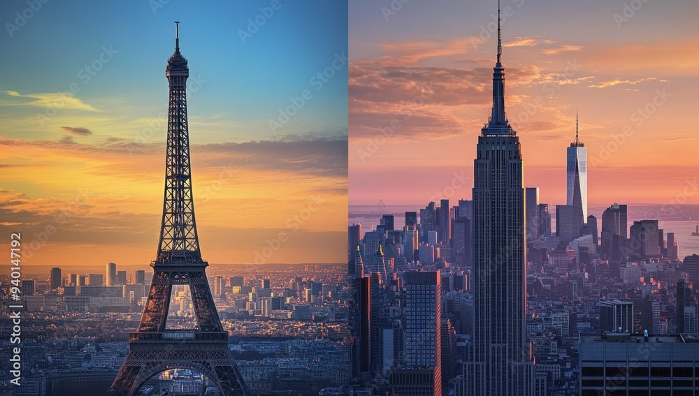 Fototapeta premium The Eiffel Tower and Empire State Building in Paris