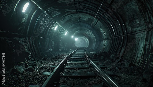 A long dark underground tunnel with train tracks, cinematic