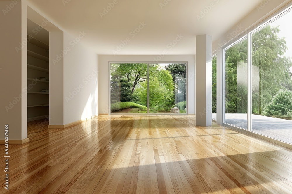 Fototapeta premium Empty Room with Large Windows Showing a Lush Garden