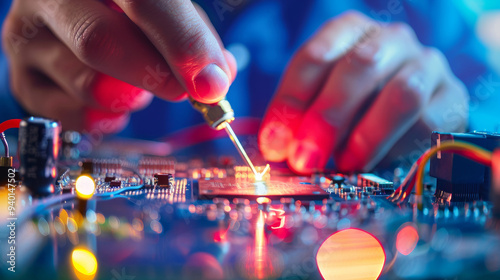 Closeup of Hands Soldering a Circuit Board