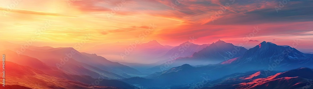 Obraz premium A breathtaking sunset over mountains, showcasing vibrant colors and serene landscapes, perfect for nature enthusiasts and photographers.