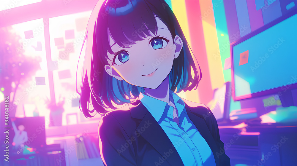 a female office worker, anime style, cute kawaii, simple, smiling happy, neon psychedelic background a female office worker, anime style, cute kawaii, simple, smiling happy, neon psychedelic background