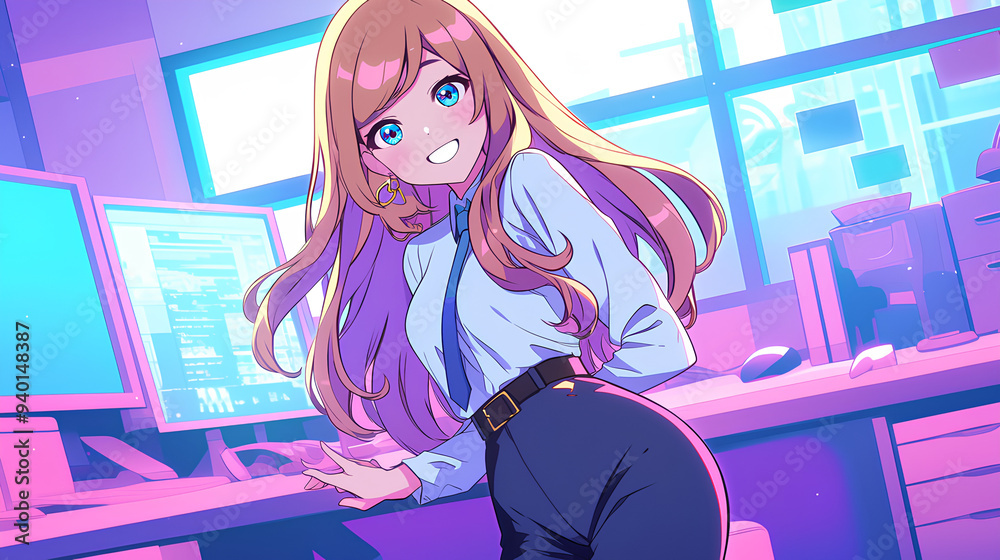 a female office worker, anime style, cute kawaii, simple, smiling happy, neon psychedelic background a female office worker, anime style, cute kawaii, simple, smiling happy, neon psychedelic background
