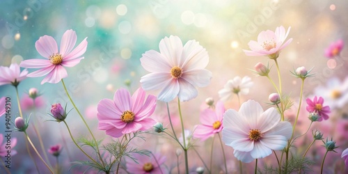 Fototapeta Naklejka Na Ścianę i Meble -  Ethereal arrangement of delicate cosmos flowers in soft pastel shades for a dreamy atmosphere , cosmos, flowers, delicate