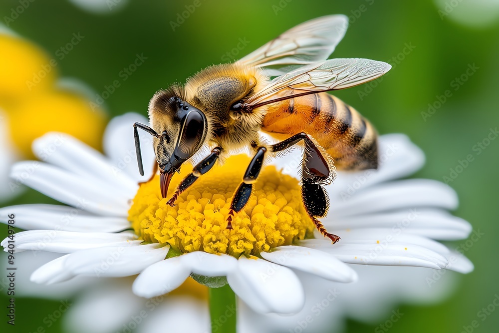 A honey bee sitting on a daisy, with soft focus and warm light highlighting the connection between the bee and the flower A honey bee sitting on a daisy, with soft focus and warm light highlighting the connection between the bee and the flower