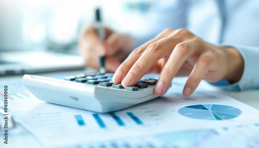 Businessman Calculating with Calculator on Financial Report Businessman Calculating with Calculator on Financial Report