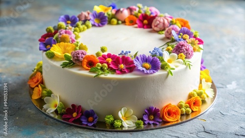 A beautifully decorated cake adorned with colorful edible flowers, cake, flowers, celebration, dessert, baking