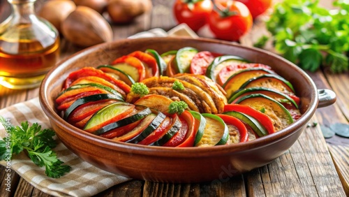 Delicious ratatouille dish served in a traditional French restaurant, ratatouille, French cuisine, vegetables, food