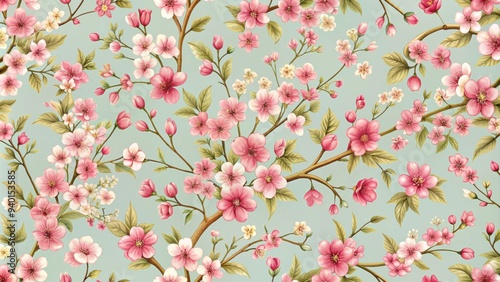Vintage cherry blossom pattern perfect for spring designs, cherry blossom, vintage, floral, spring, pastel, delicate, retro