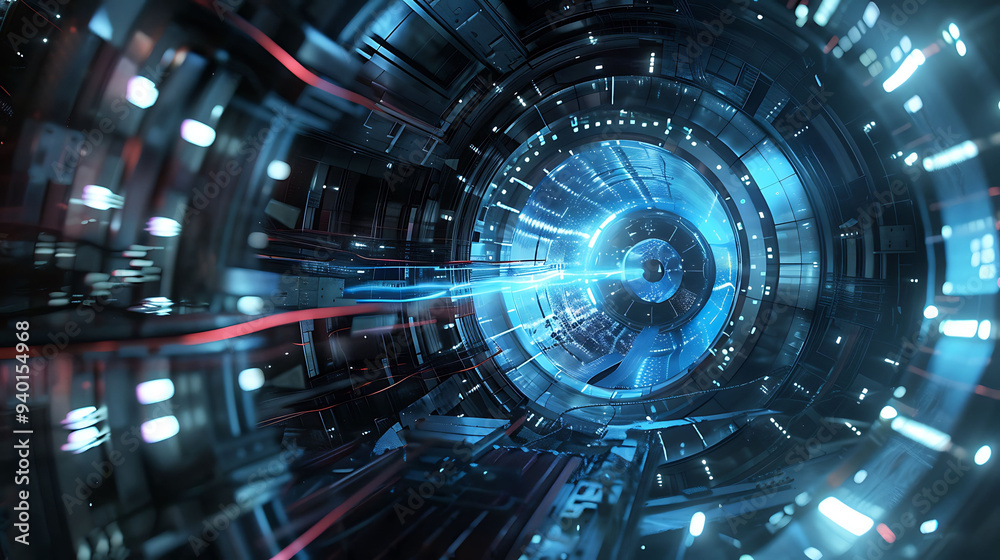 Futuristic visualization of a particle accelerator studying quarks and gluons in a hightech environment Futuristic visualization of a particle accelerator studying quarks and gluons in a hightech environment