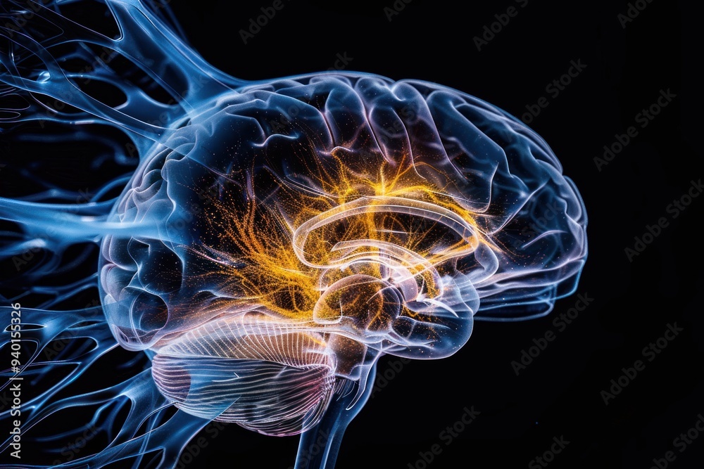 The human brain is depicted in an X-ray style photography The human brain is depicted in an X-ray style photography