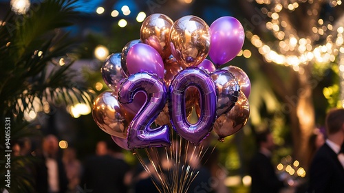 An elegant 20th birthday celebration featuring a bunch of sparkling balloons with bokeh lights in the background, creating a festive and luxurious atmosphere.