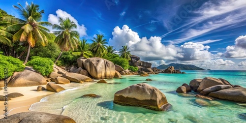 A beautiful paradise beach with large rocks in the background , paradise, beach, rocks, nature, scenic, sea, ocean photo