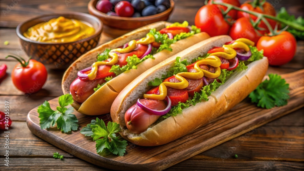 Grilled hot dogs on buns with mustard and fresh ingredients , gourmet, delicious, assortment, hot dogs, grilled, buns Grilled hot dogs on buns with mustard and fresh ingredients , gourmet, delicious, assortment, hot dogs, grilled, buns