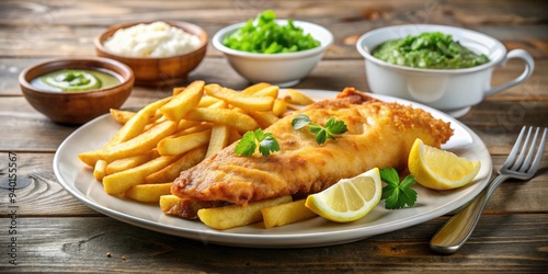 Traditional English dish of fish and chips , fried, seafood, dinner, British, crispy, lunch, classic, meal, potato, takeaway