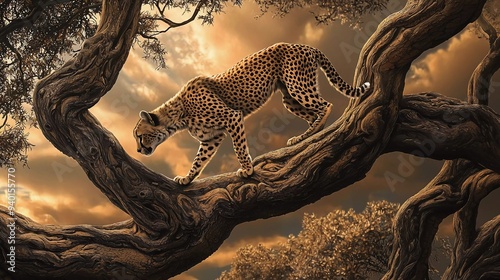 Cheetah walks down twisted tree in savannah which brings forward