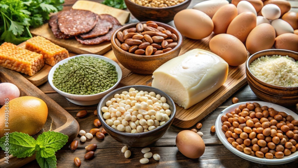 A close-up shot of various protein-rich food items including chicken, eggs, tofu, beans, and nuts , protein, rich, food, items A close-up shot of various protein-rich food items including chicken, eggs, tofu, beans, and nuts , protein, rich, food, items