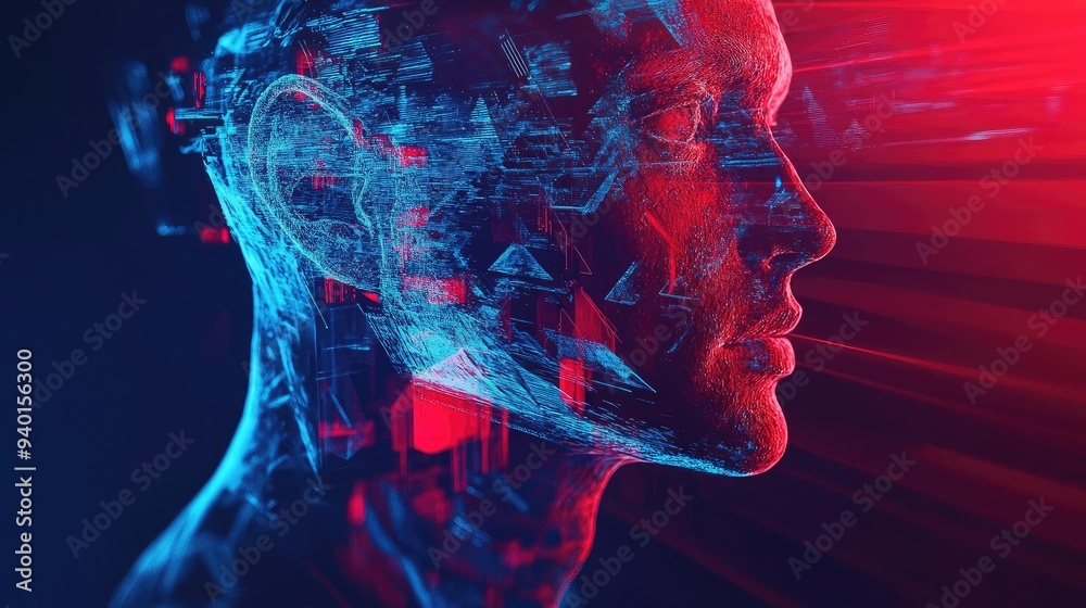 Futuristic digital representation of a human head with vibrant colors and abstract data patterns, symbolizing technology and innovation. Futuristic digital representation of a human head with vibrant colors and abstract data patterns, symbolizing technology and innovation.