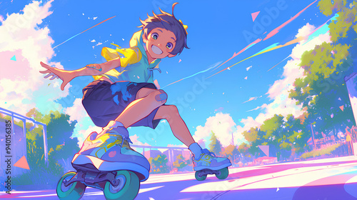 a boy playing roller skating in the park, anime style, cute kawaii, simple, smiling happy, neon psychedelic background